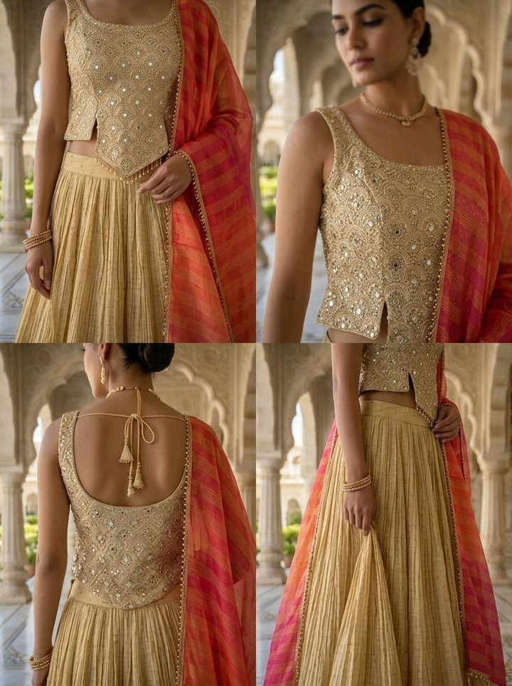 Neerus Beige tissue embroidered lehenga set - side view