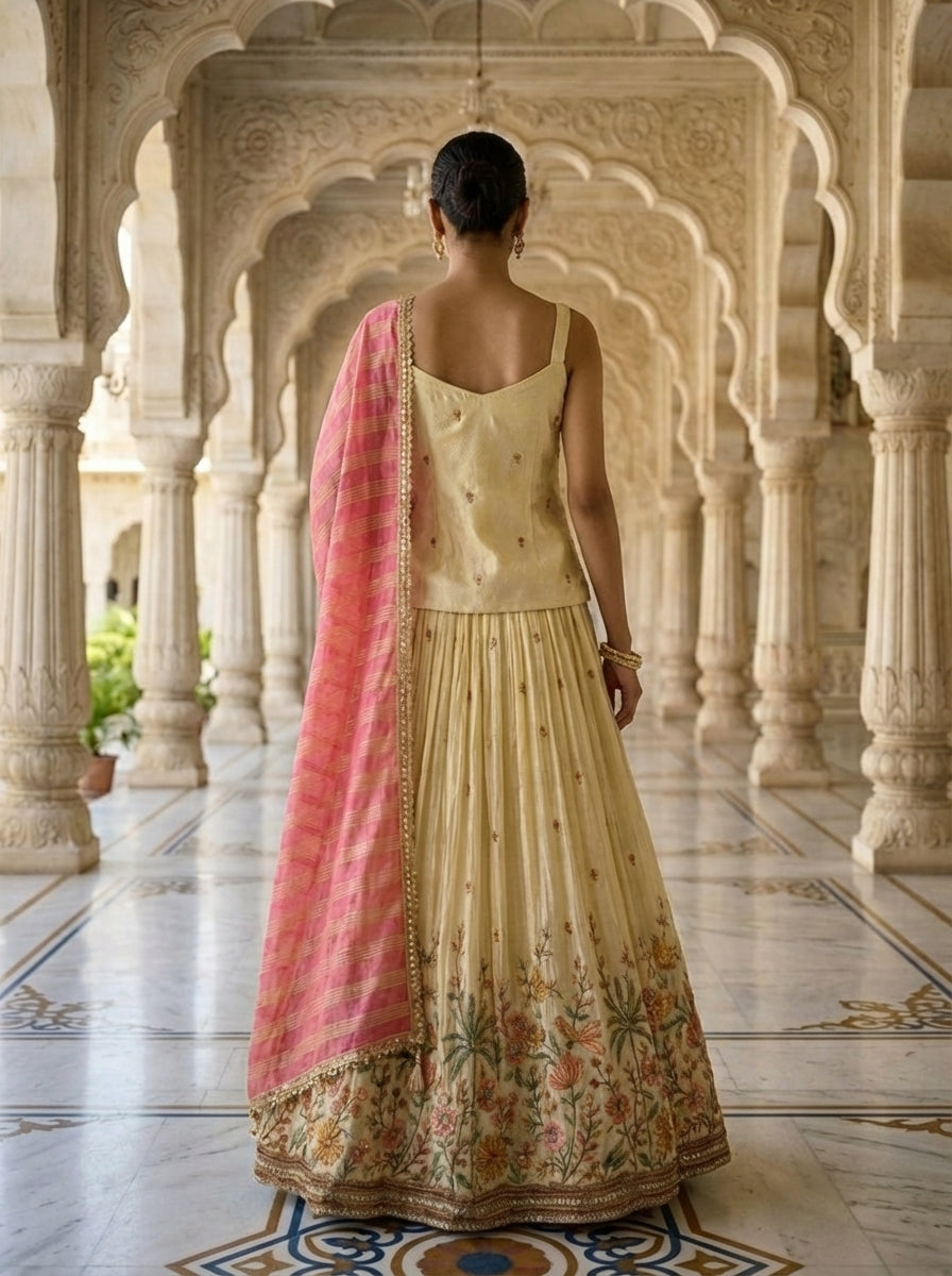 Neerus Beige tissue thread embroidered lehenga set - back view
