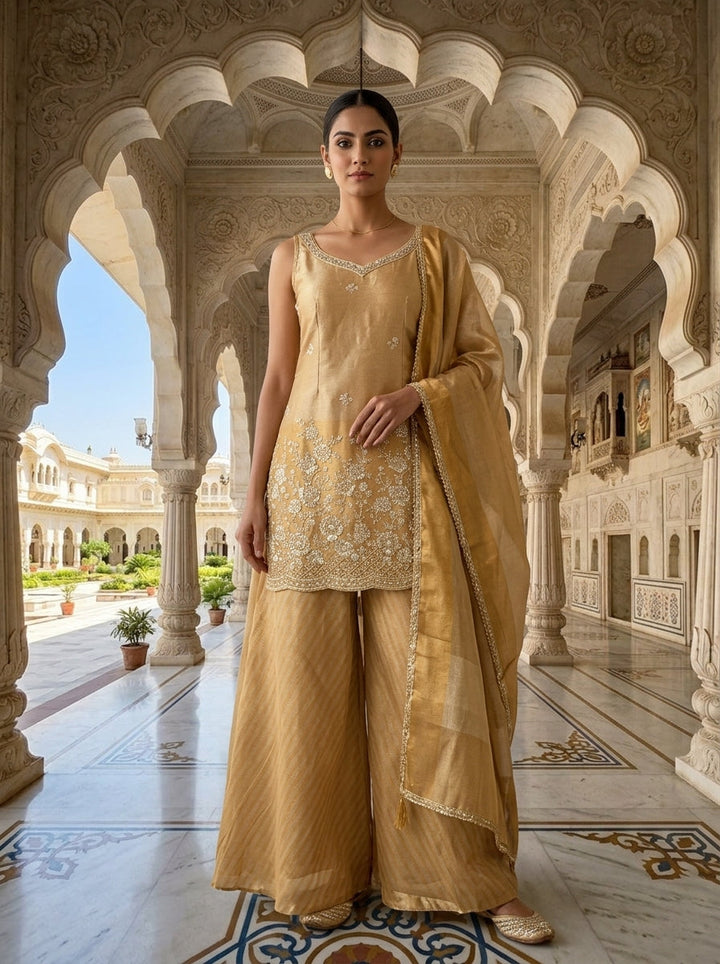 Neerus Gold tissue hand embroidered suit set - front view
