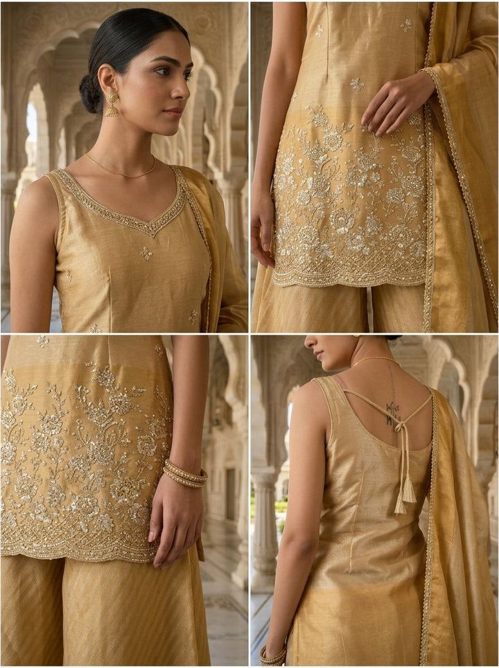 Neerus Gold tissue hand embroidered suit set - side view