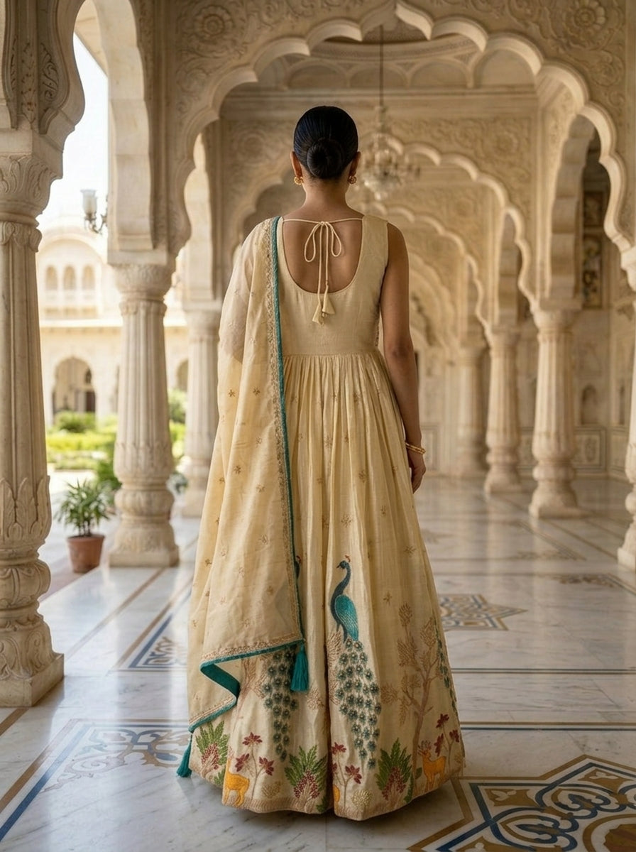 Neerus Beige chinon embroidered anarkali suit set - back view