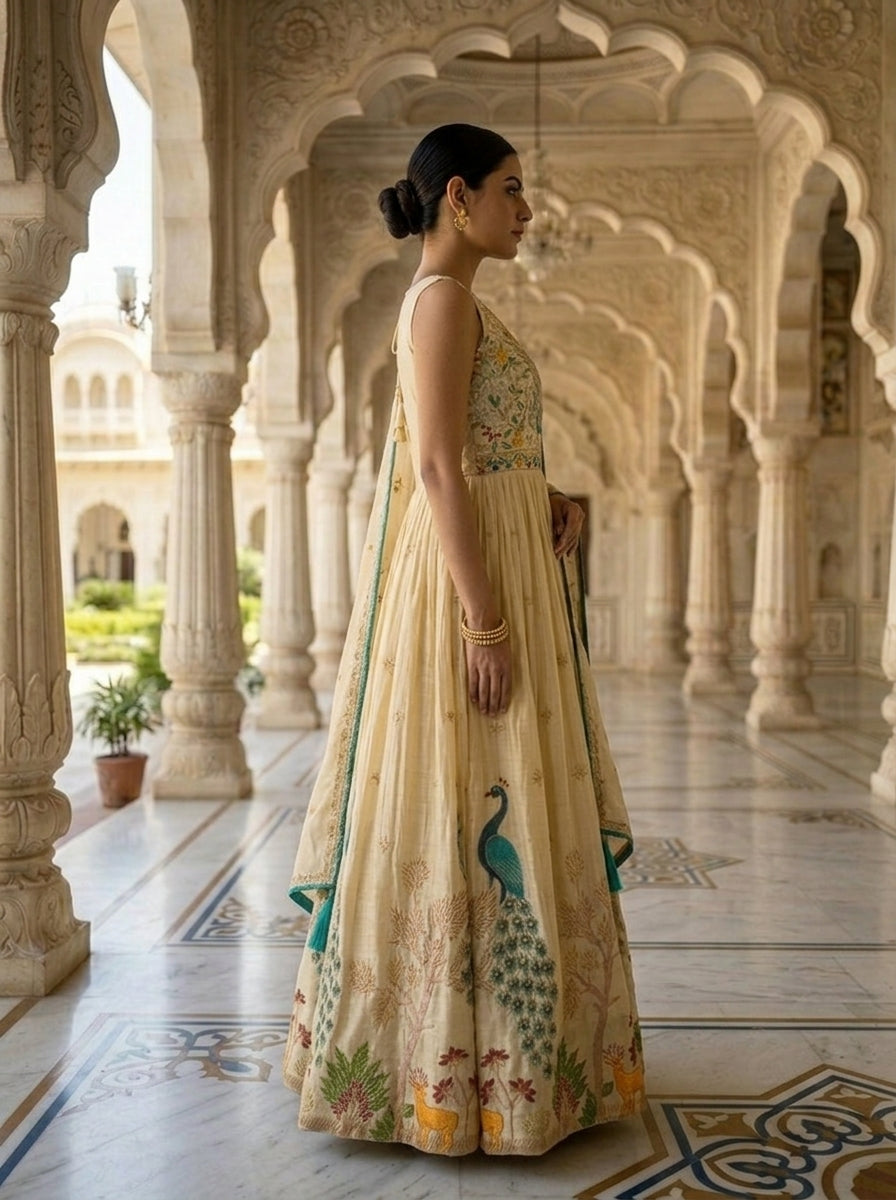 Neerus Beige chinon embroidered anarkali suit set - side view
