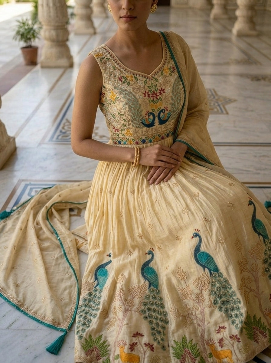 Neerus Beige chinon embroidered anarkali suit set - detail view 1
