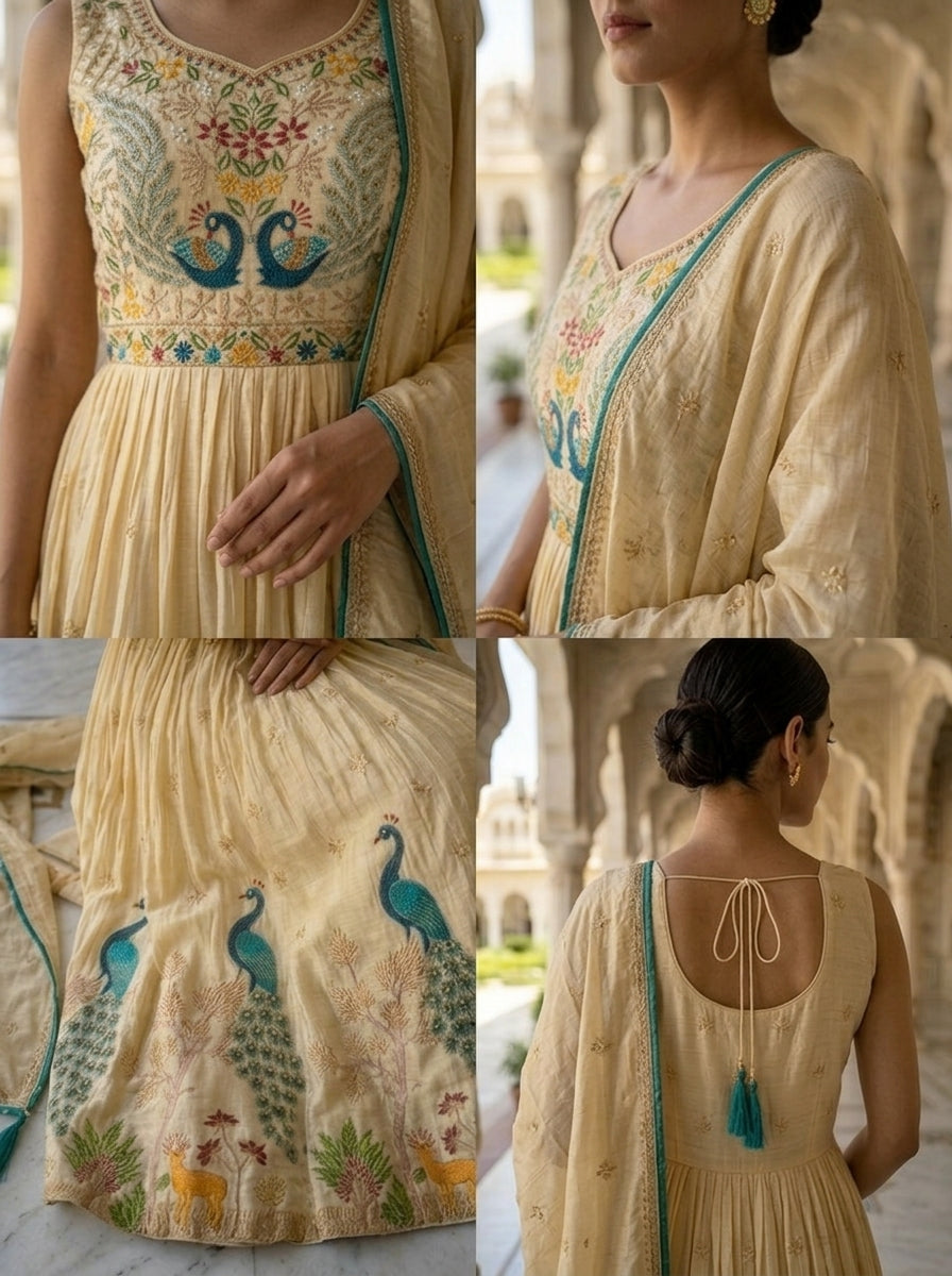 Neerus Beige chinon embroidered anarkali suit set - detail view 2