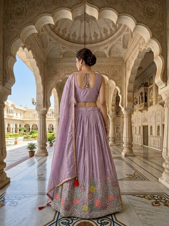 Neerus Purple chinon embellished lehenga set - side view