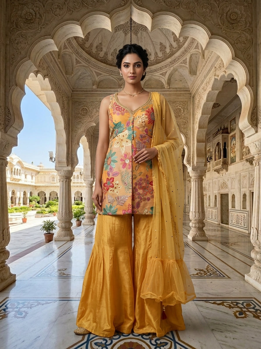 Neerus Yellow silk embellished suit set - front view