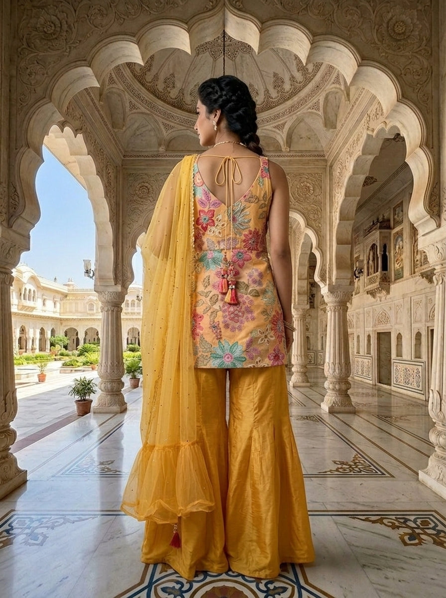 Neerus Yellow silk embellished suit set - side view
