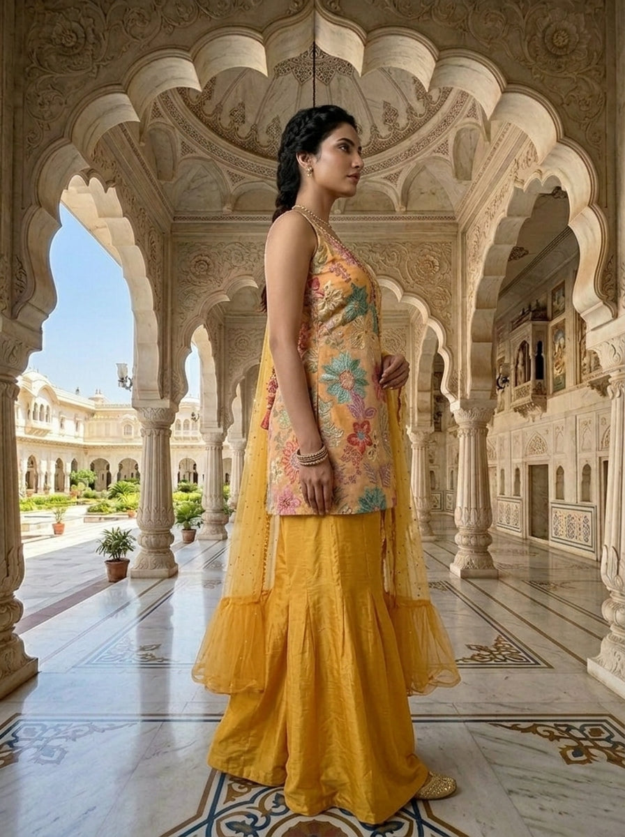 Neerus Yellow silk embellished suit set - back view