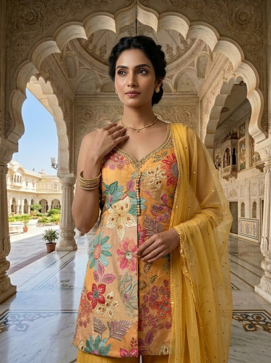 Neerus Yellow silk embellished suit set - detail view 1