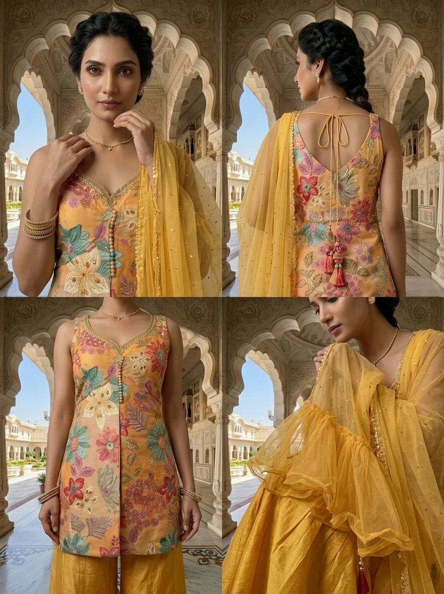 Neerus Yellow silk embellished suit set - detail view 2