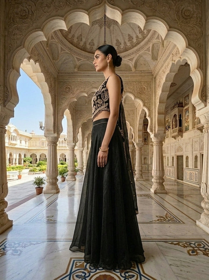 Neerus Black cotton embellished suit set - back view