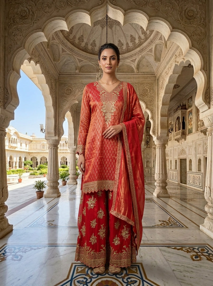 Neerus Red tissue embellished suit set - front view