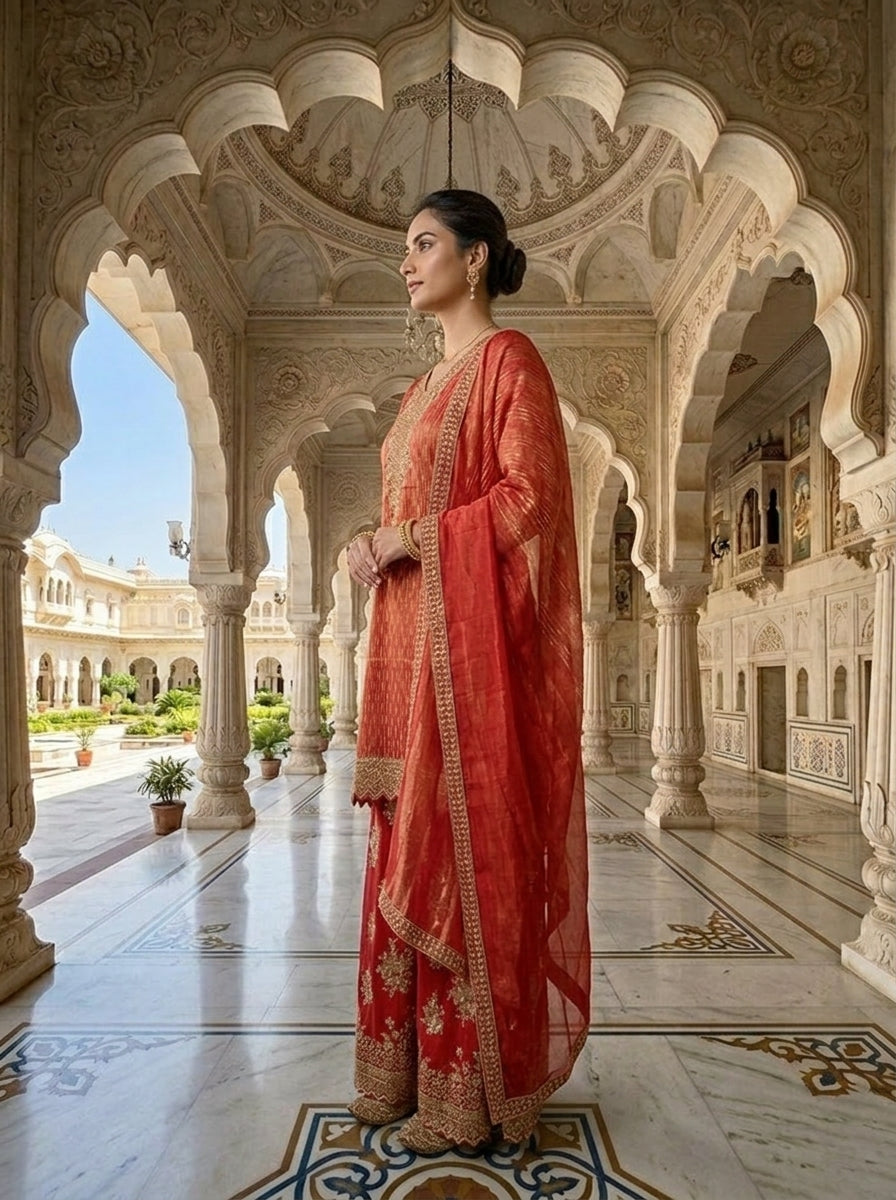 Neerus Red tissue embellished suit set - back view