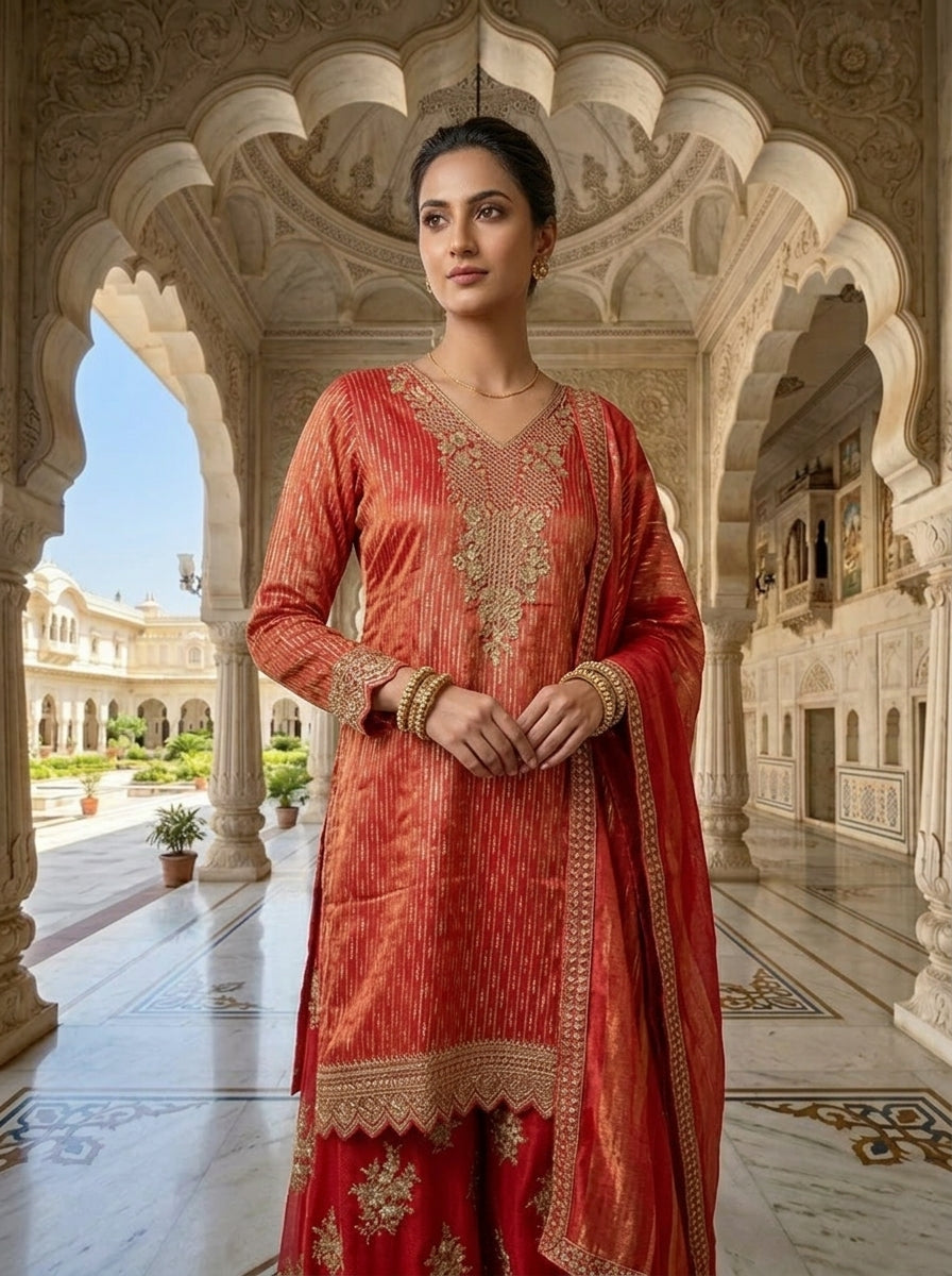 Neerus Red tissue embellished suit set - side view