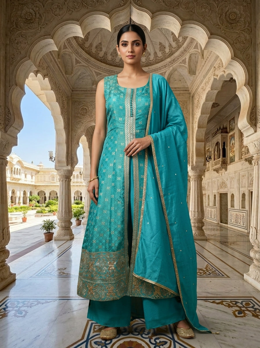 Neerus Green tissue embellished suit set - front view