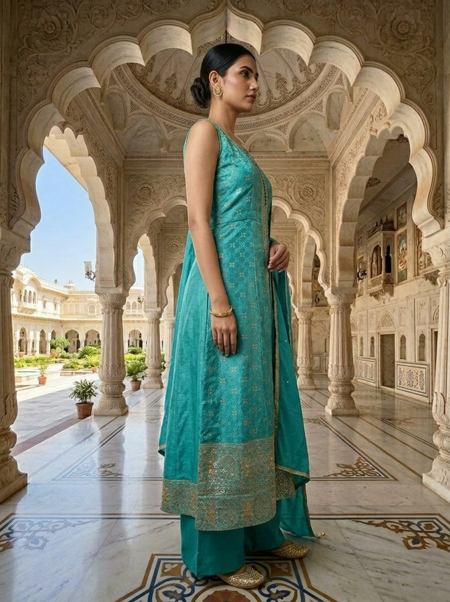 Neerus Green tissue embellished suit set - back view