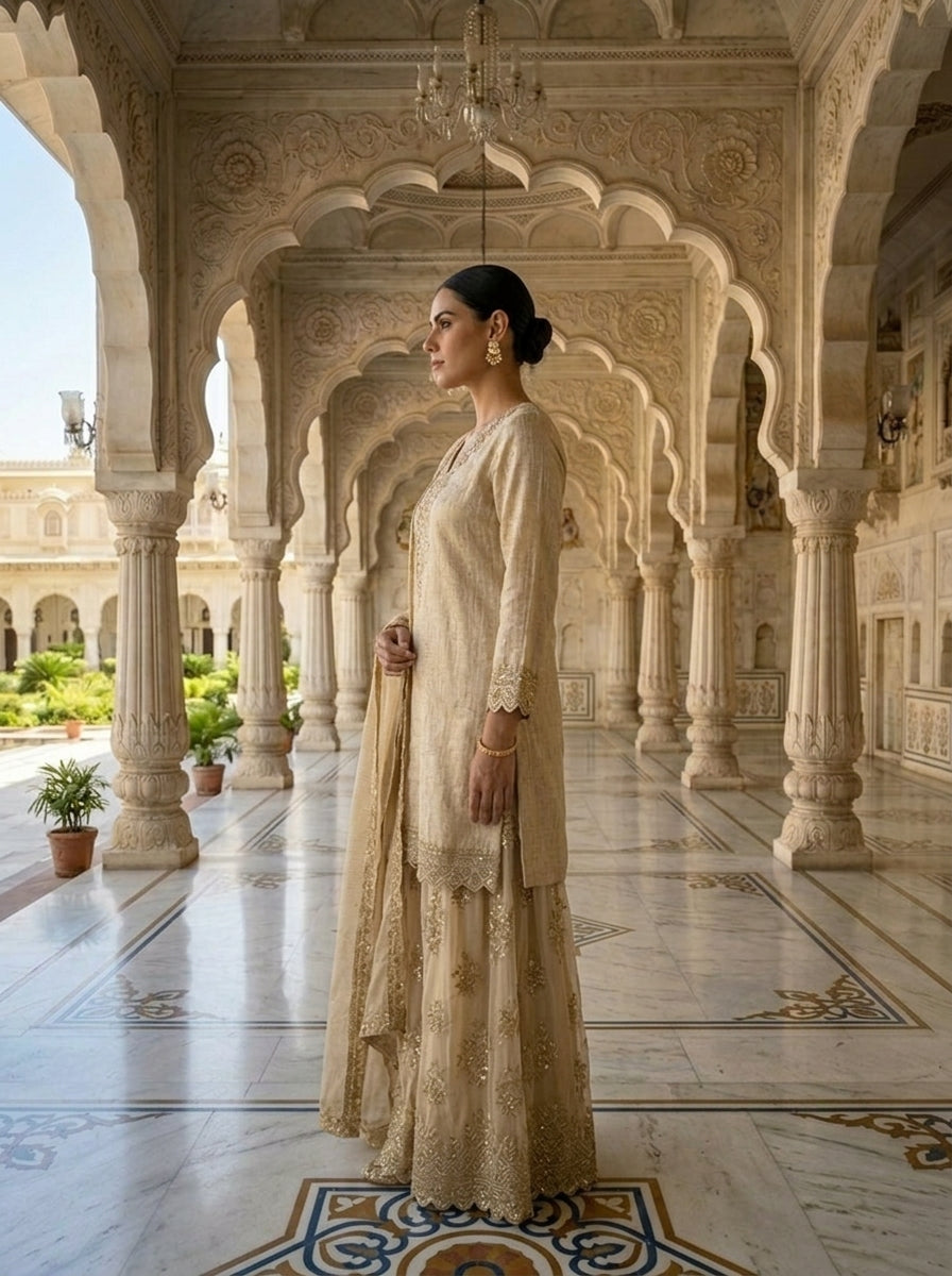 Neerus Beige tissue embellished suit set - side view
