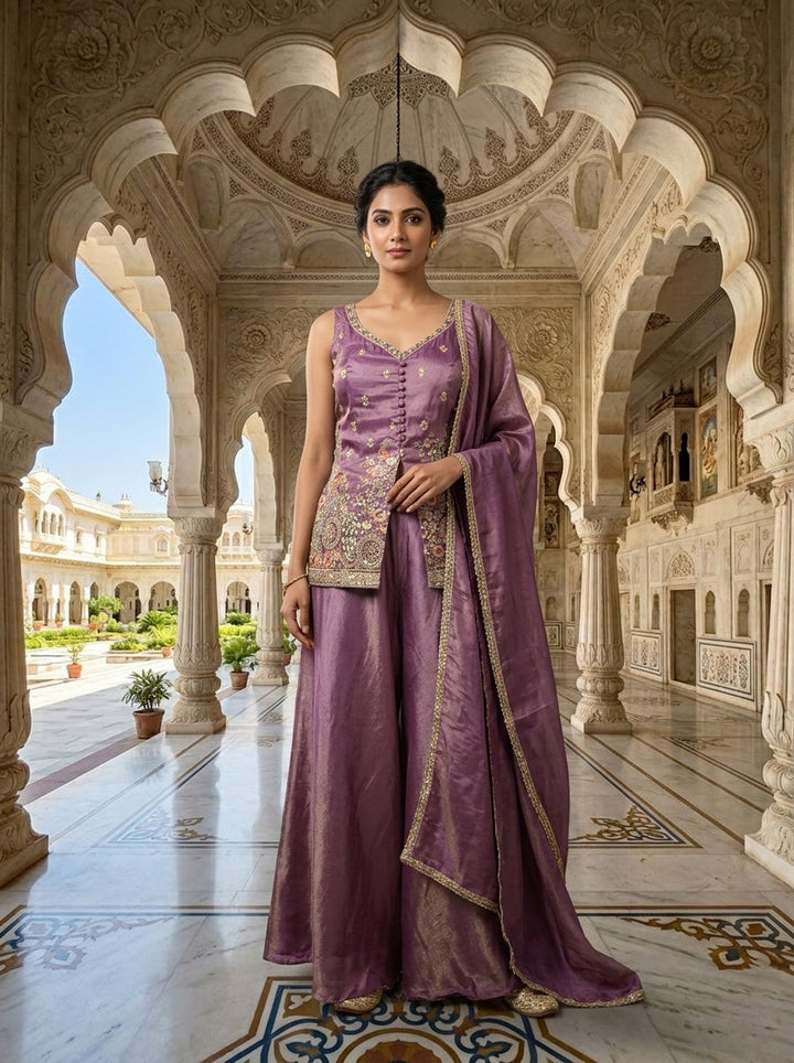 Lavender Tissue Sequins And Beads Embroidery Kurti And Palazzo Set