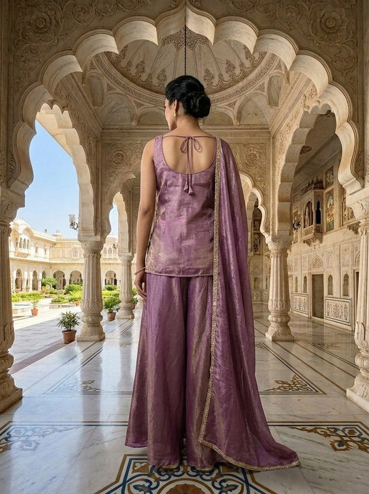 Lavender Tissue Sequins And Beads Embroidery Kurti And Palazzo Set