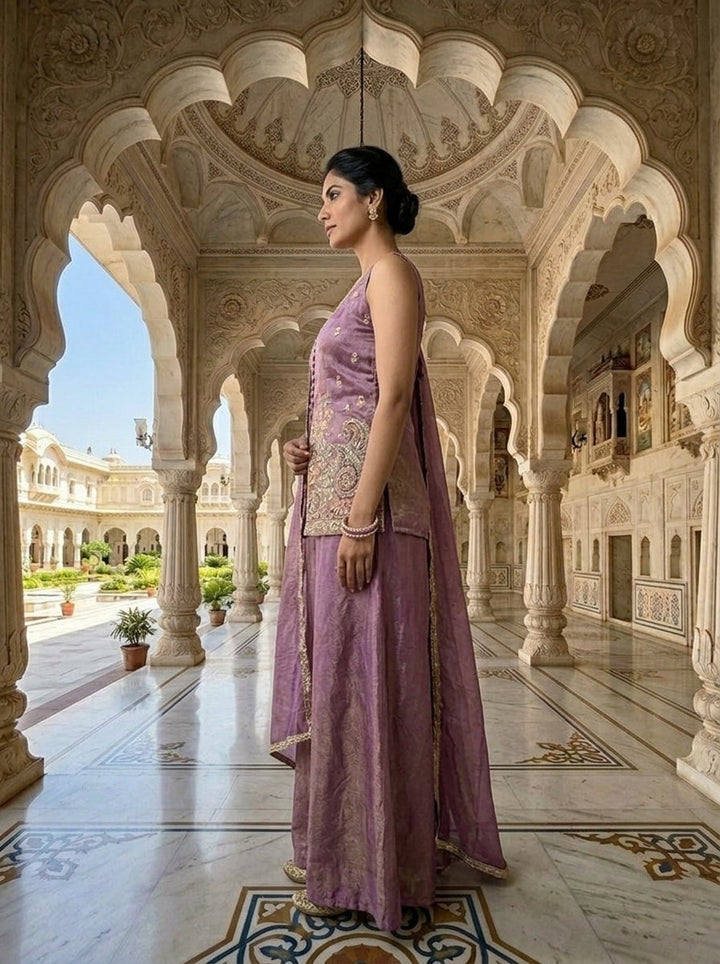 Lavender Tissue Sequins And Beads Embroidery Kurti And Palazzo Set