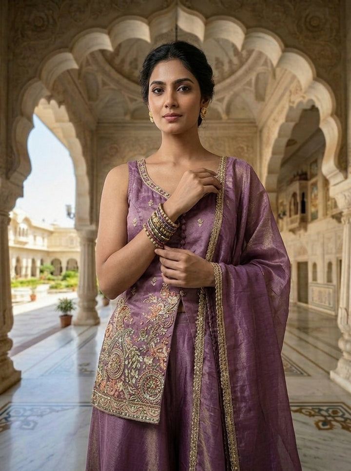 Lavender Tissue Sequins And Beads Embroidery Kurti And Palazzo Set