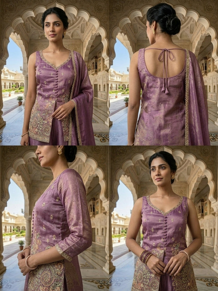 Lavender Tissue Sequins And Beads Embroidery Kurti And Palazzo Set
