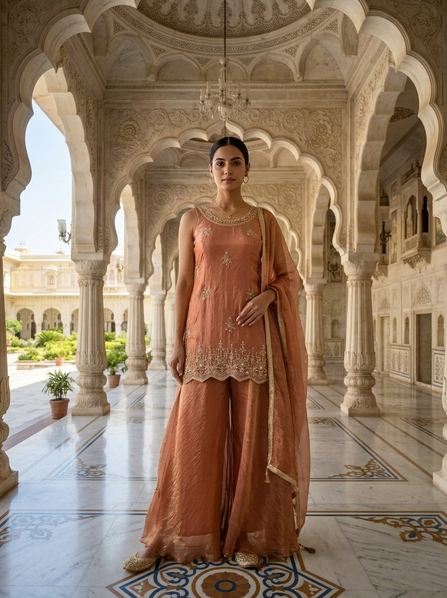 Neerus Orange cotton embellished suit set - front view