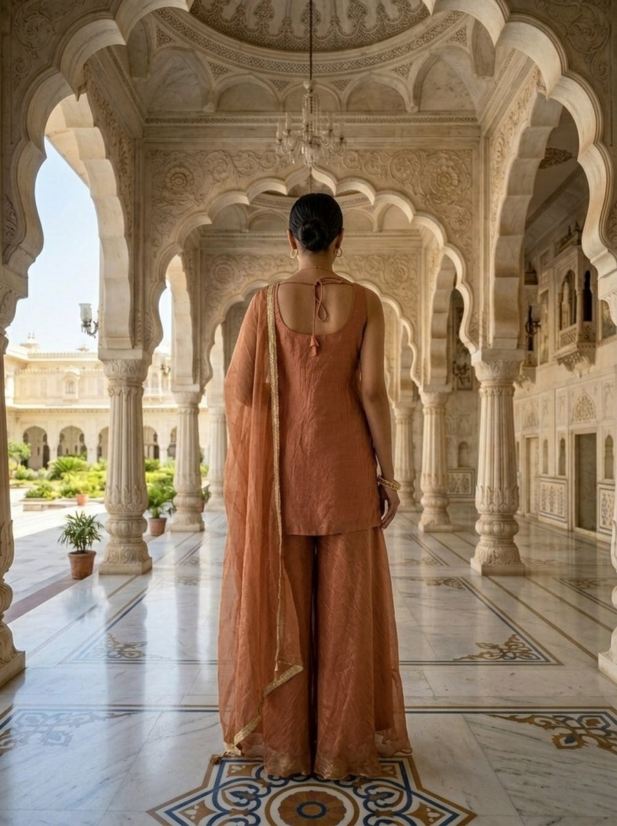 Neerus Orange cotton embellished suit set - side view