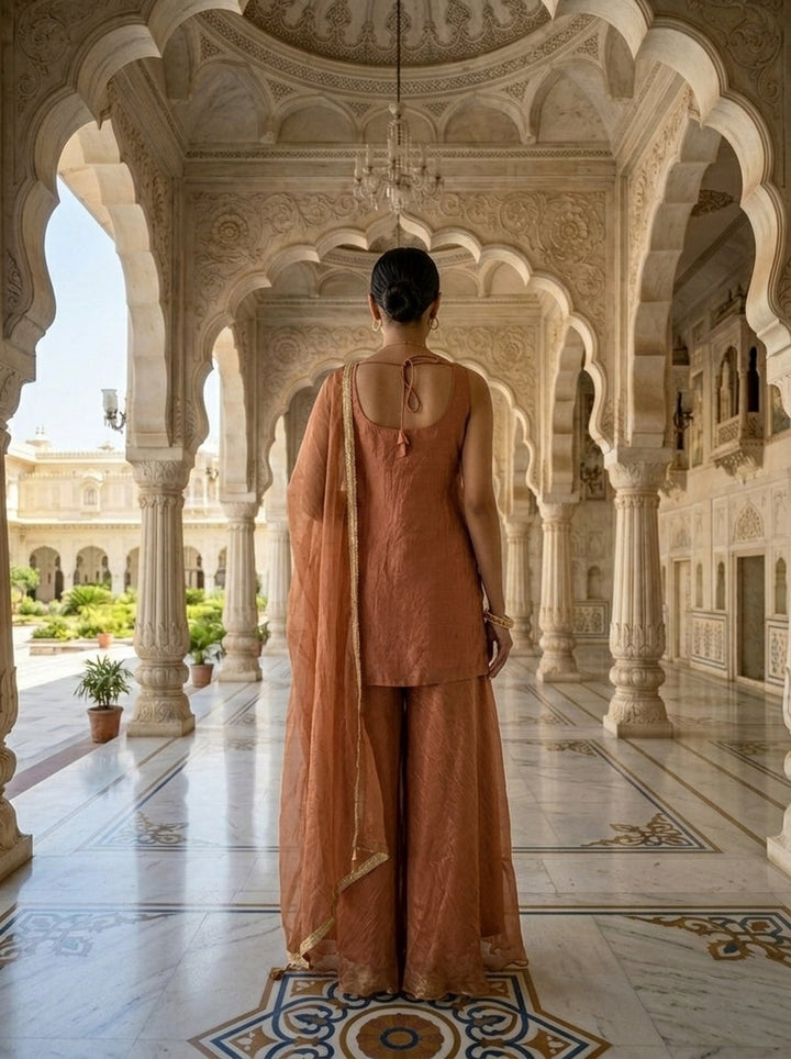 Neerus Pink cotton embellished suit set with palazzo and dupatta - side view