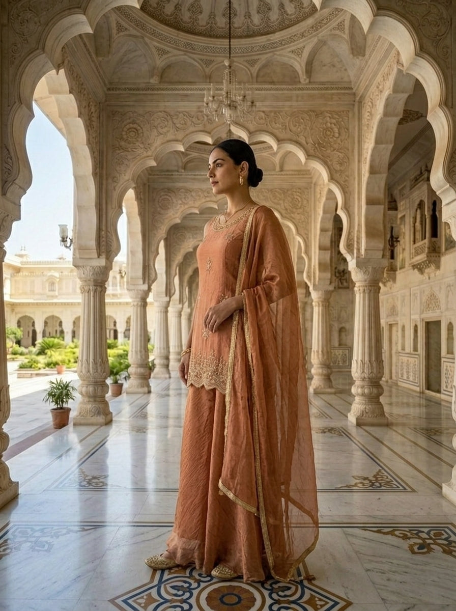 Neerus Orange cotton embellished suit set - back view