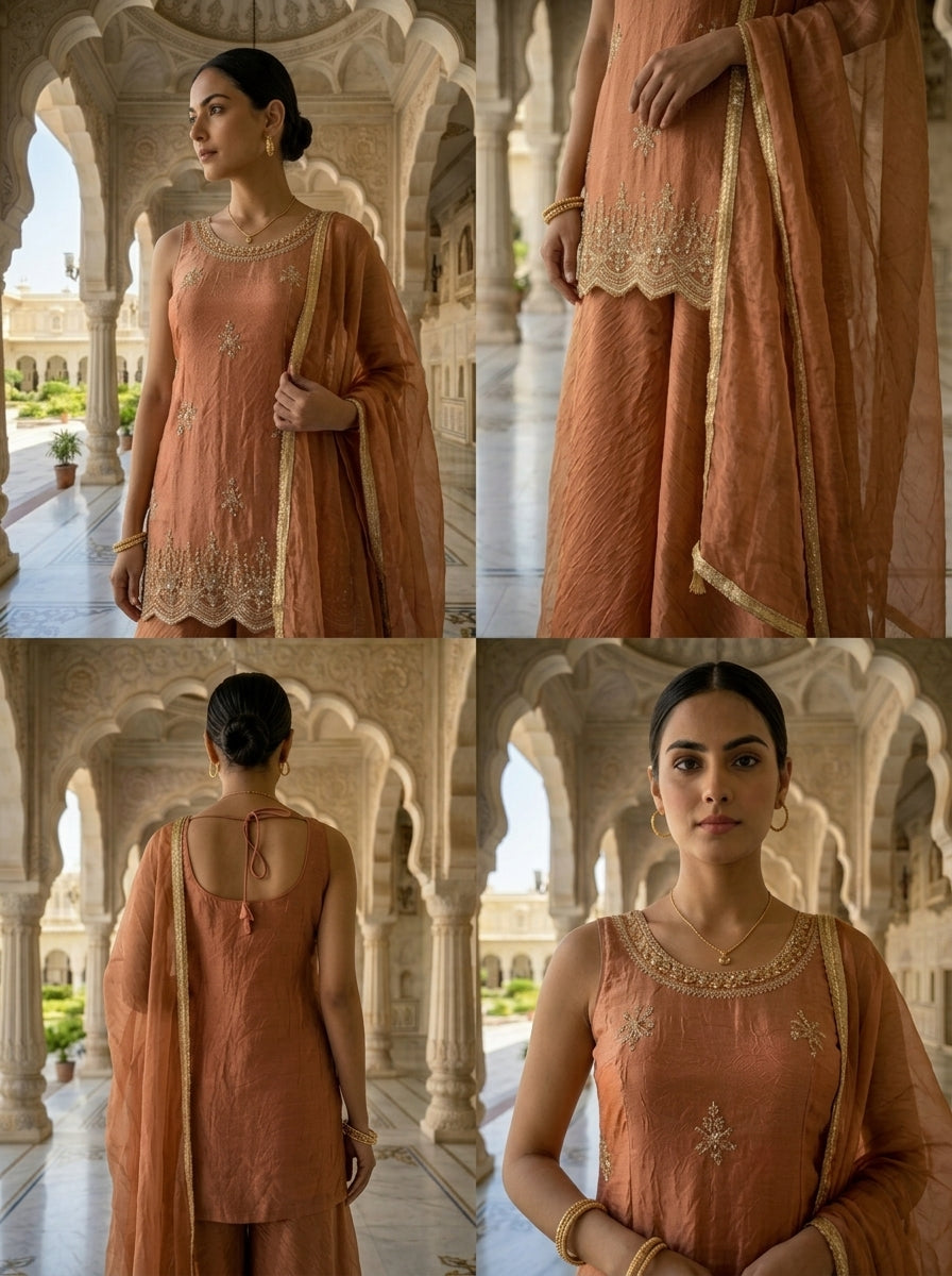 Neerus Orange cotton embellished suit set - detail view 2