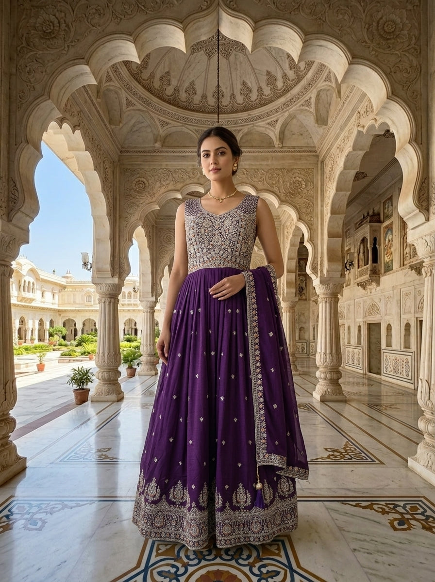 Neerus Purple silk hand embroidered anarkali suit set - front view