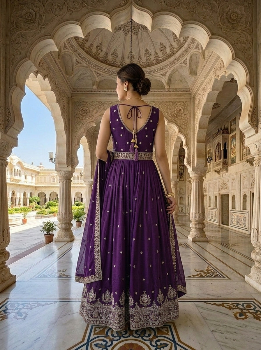 Neerus Purple silk hand embroidered anarkali suit set - side view