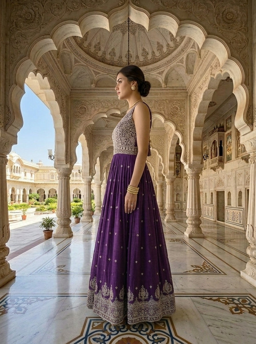 Neerus Purple silk hand embroidered anarkali suit set - back view