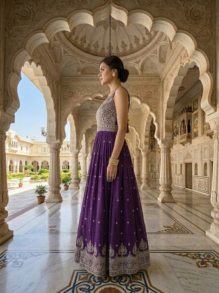 Neerus Purple silk hand embroidered anarkali suit set - back view