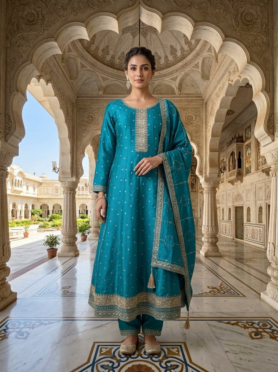 Neerus Green tissue embellished suit set - front view