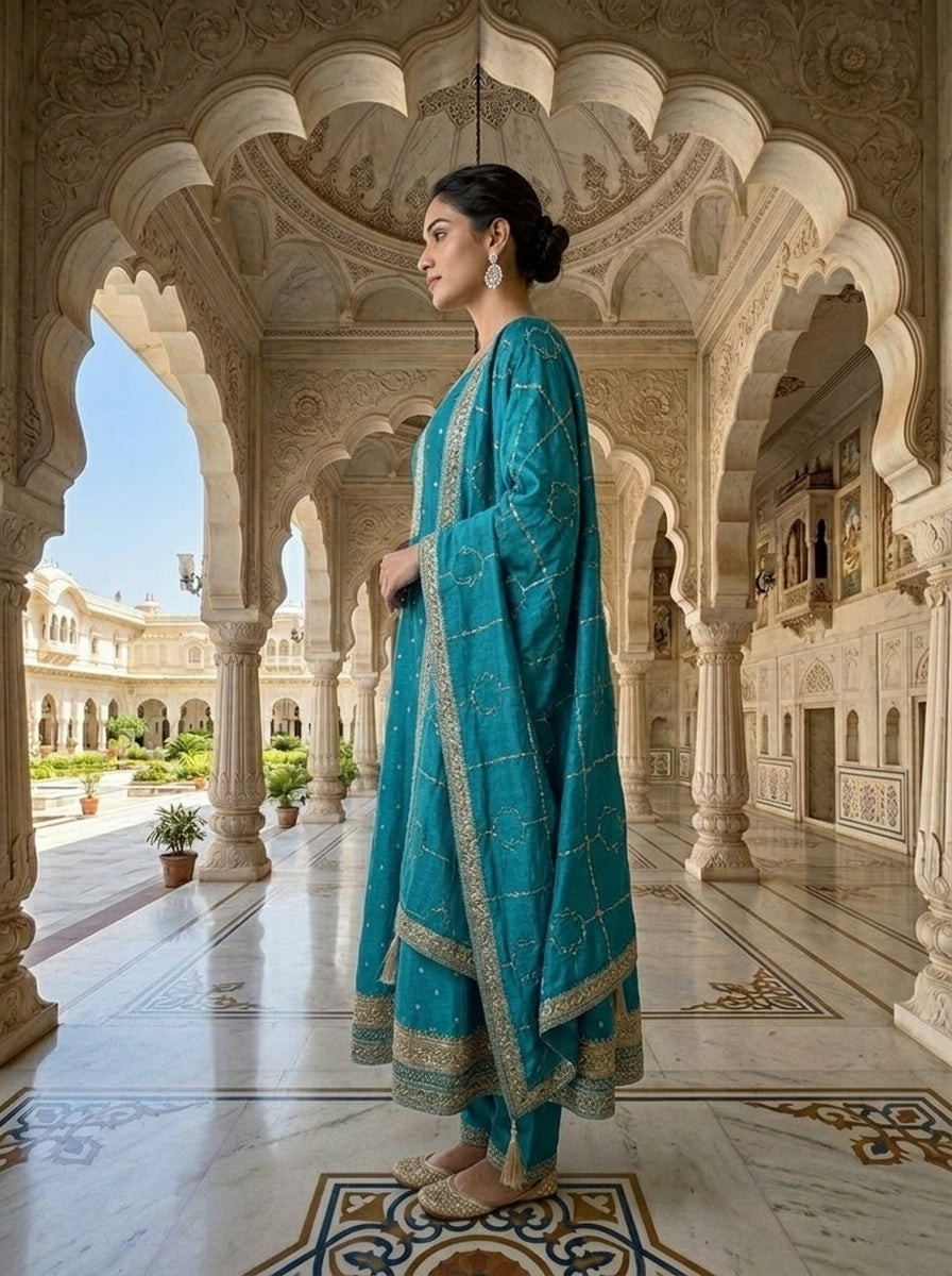Neerus Green tissue embellished suit set - back view