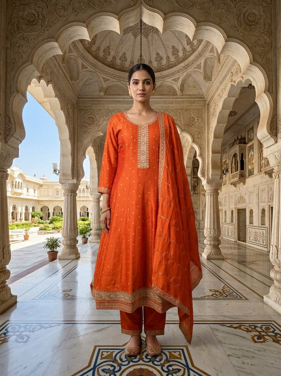Neerus Orange tissue embellished suit set - front view