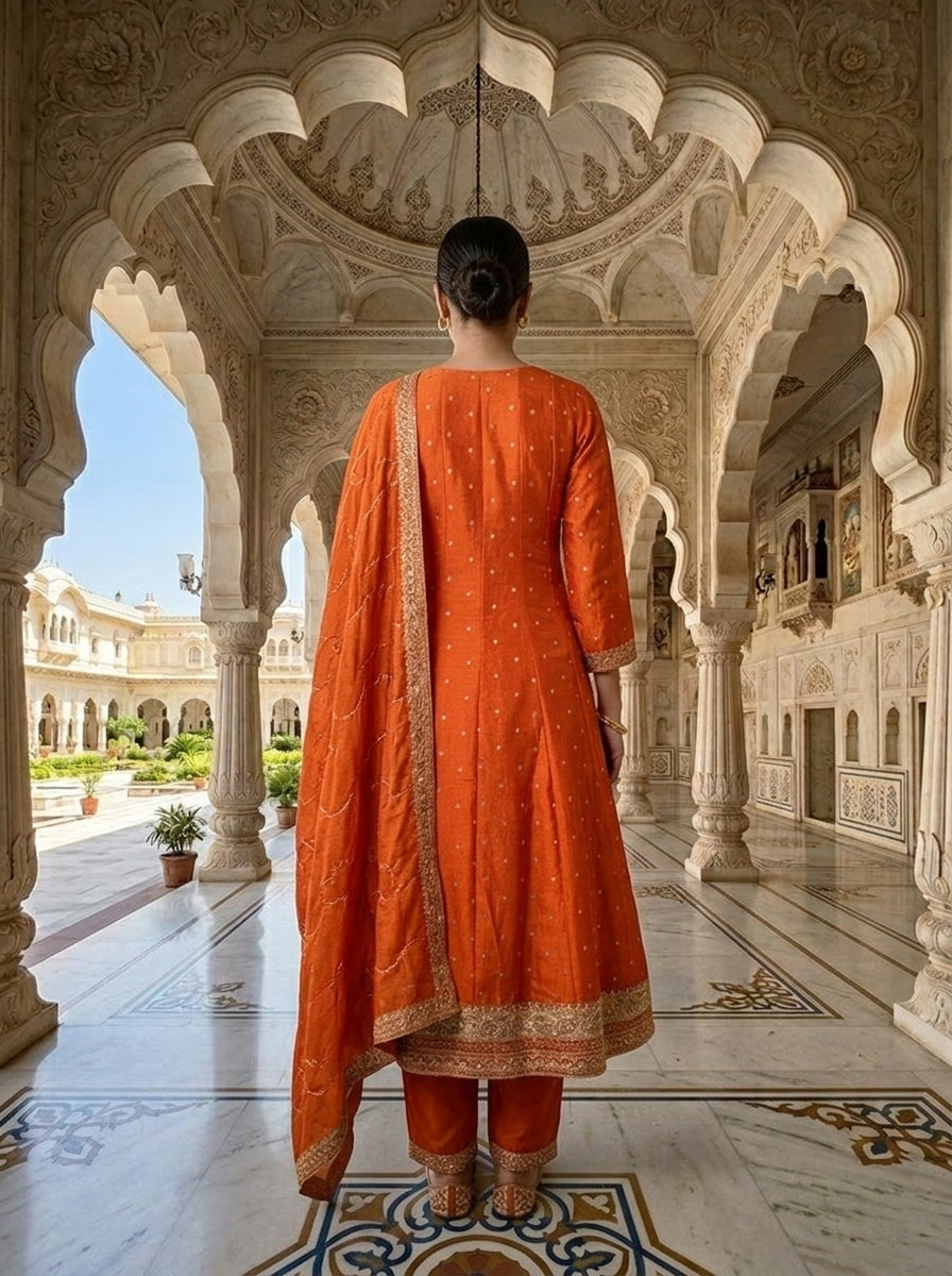 Neerus Orange tissue embellished suit set - back view