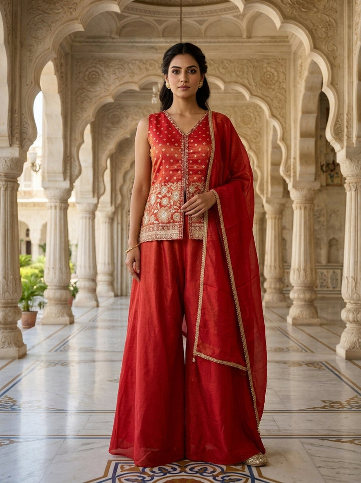 Red Tissue Thread And Sequins Kurti And Palazzo Set