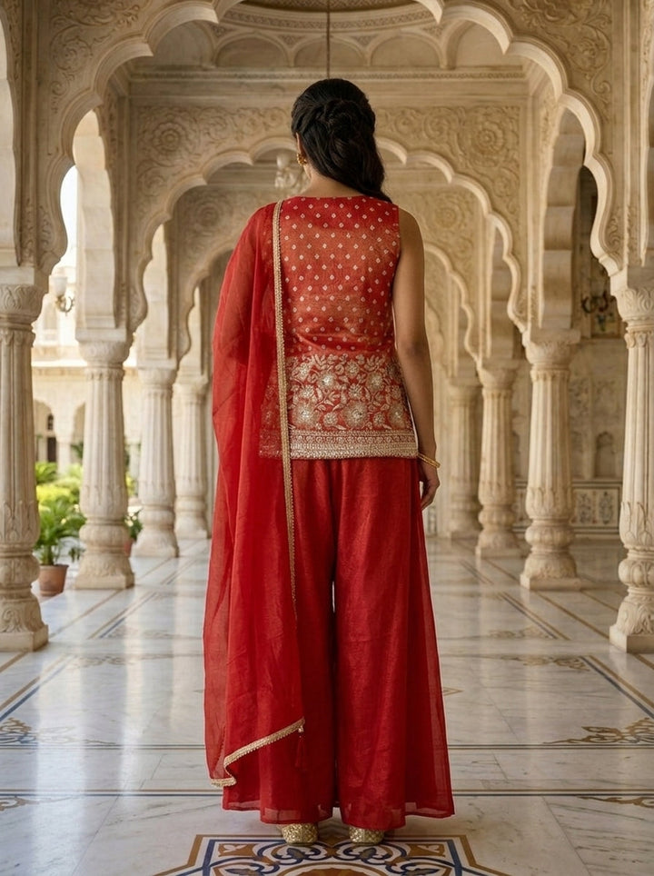 Red Tissue Thread And Sequins Kurti And Palazzo Set