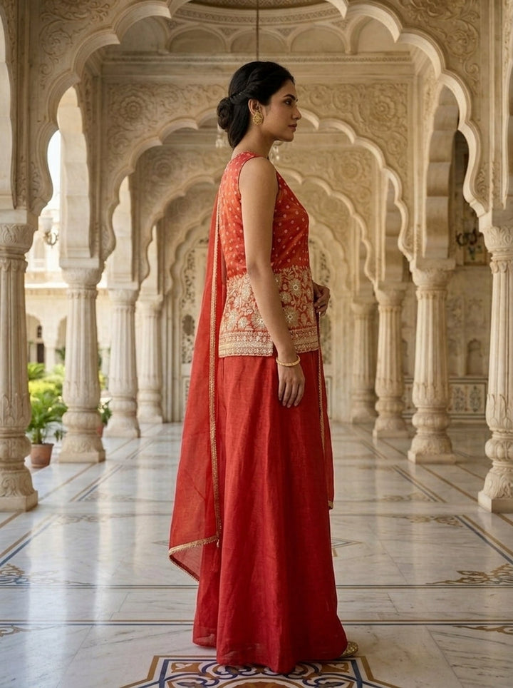 Red Tissue Thread And Sequins Kurti And Palazzo Set
