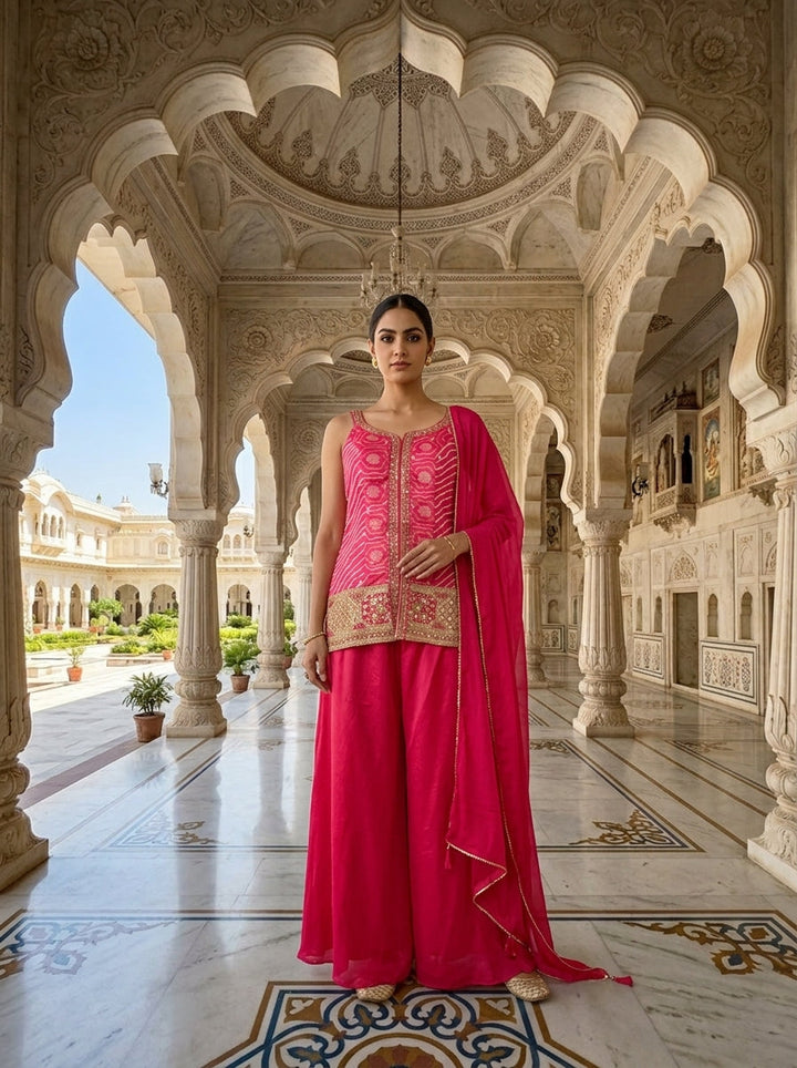 Pink Chinon Bandhani Printed Kurti And Palazzo Set