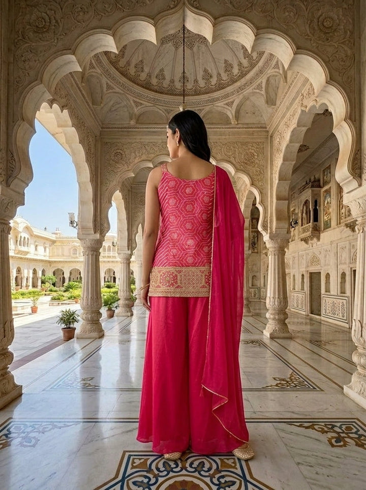 Pink Chinon Bandhani Printed Kurti And Palazzo Set