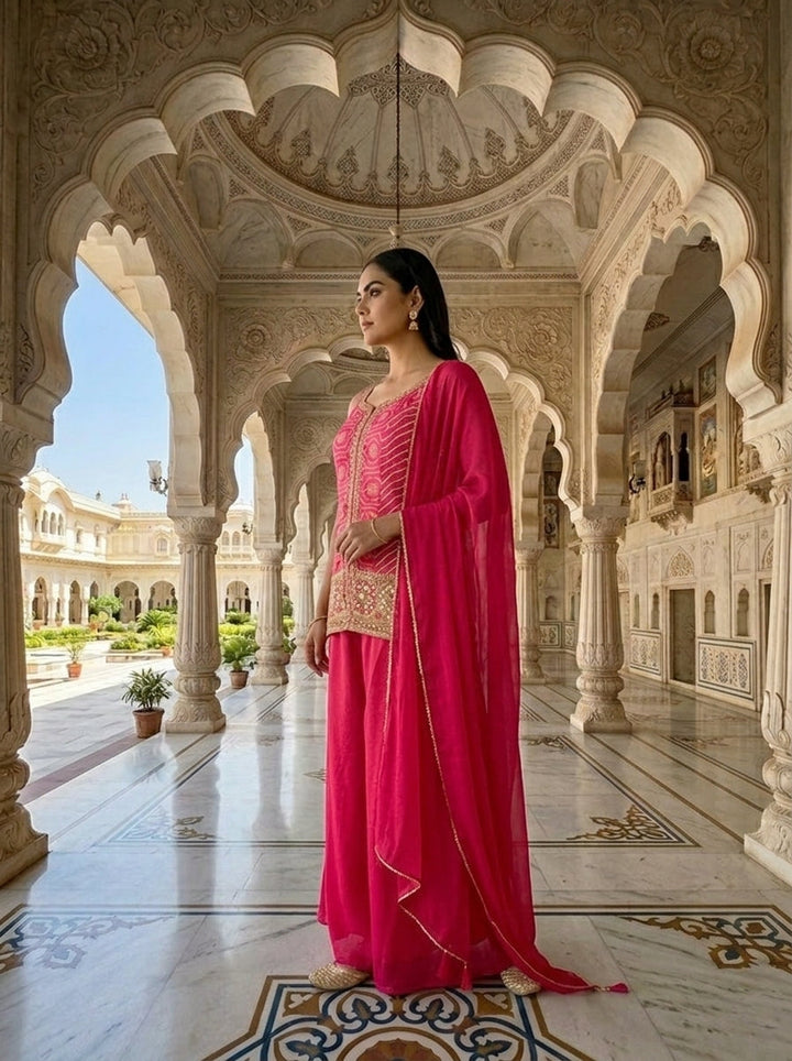 Pink Chinon Bandhani Printed Kurti And Palazzo Set