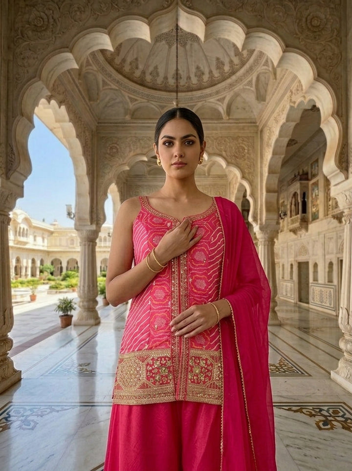 Pink Chinon Bandhani Printed Kurti And Palazzo Set