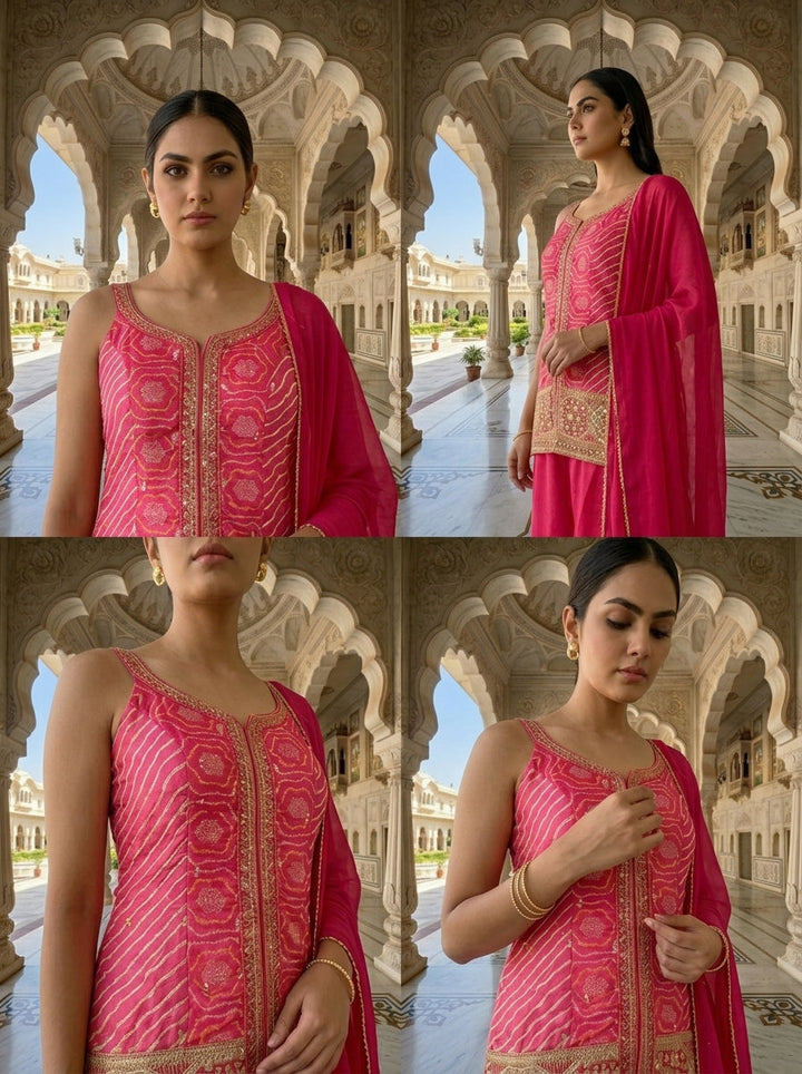 Pink Chinon Bandhani Printed Kurti And Palazzo Set