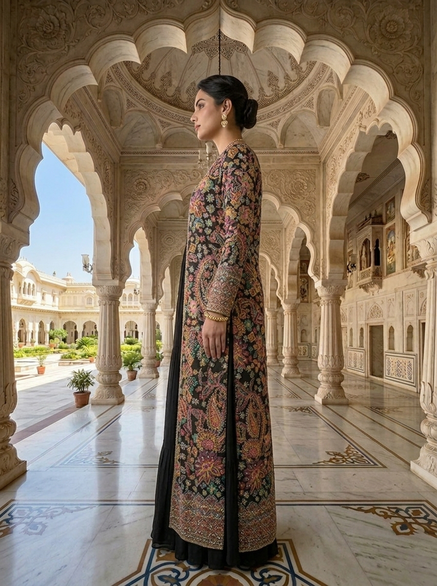 Neerus Black georgette embellished anarkali suit set - back view