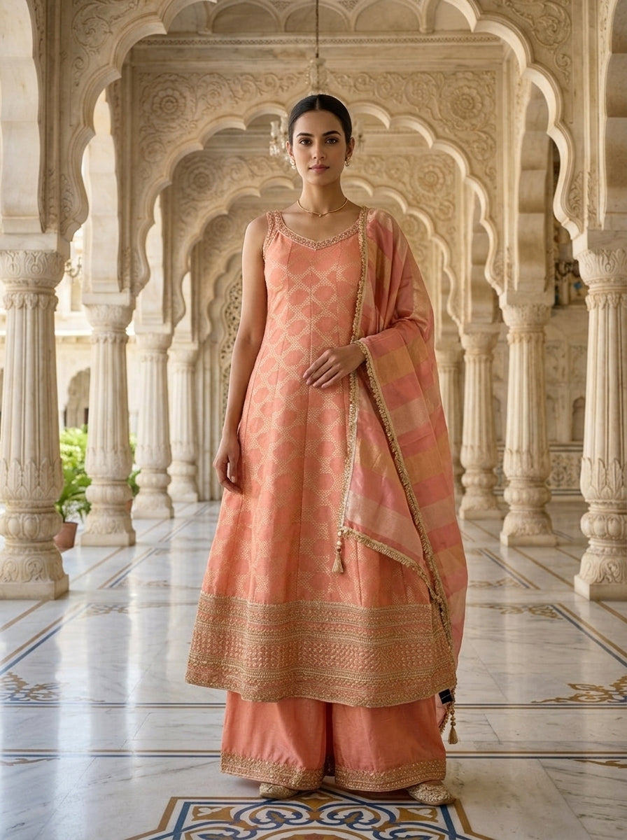 Neerus Orange tissue embroidered suit set - front view