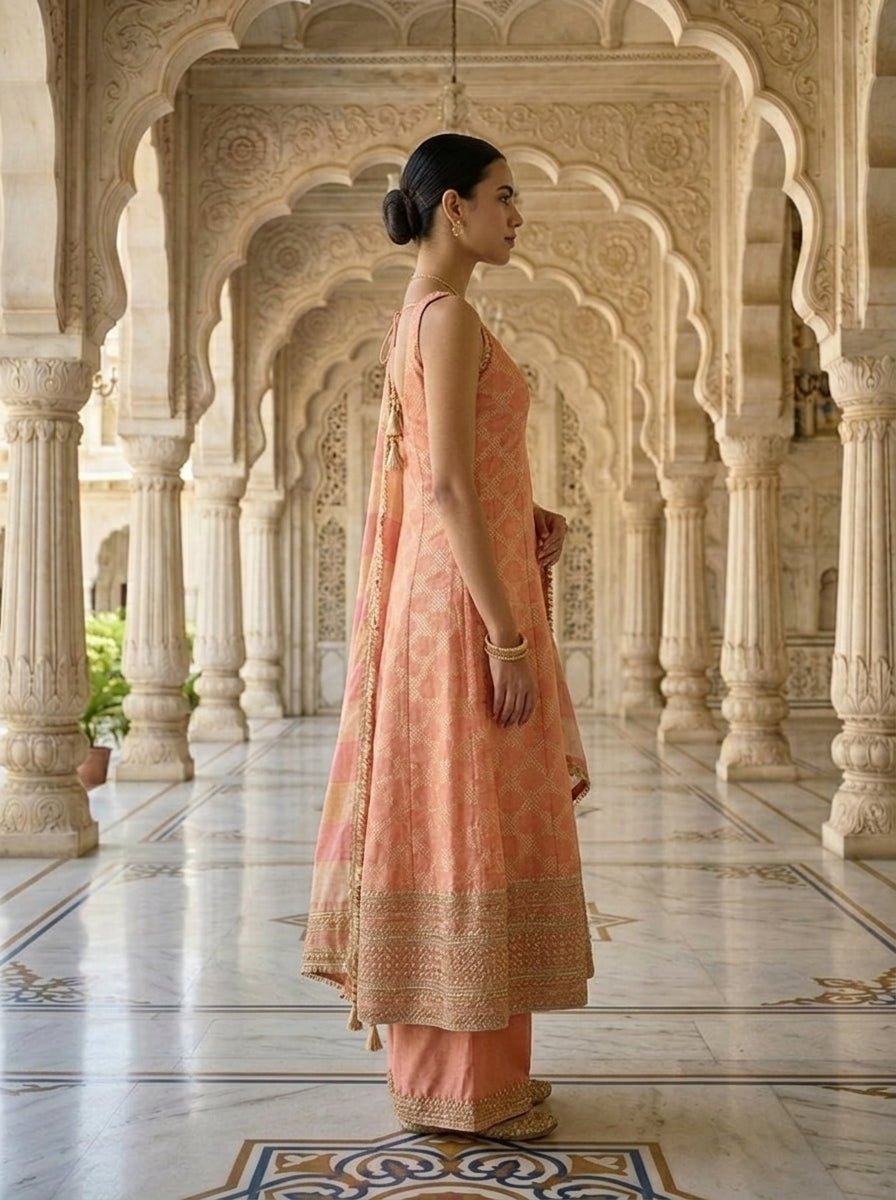 Neerus Orange tissue embroidered suit set - back view